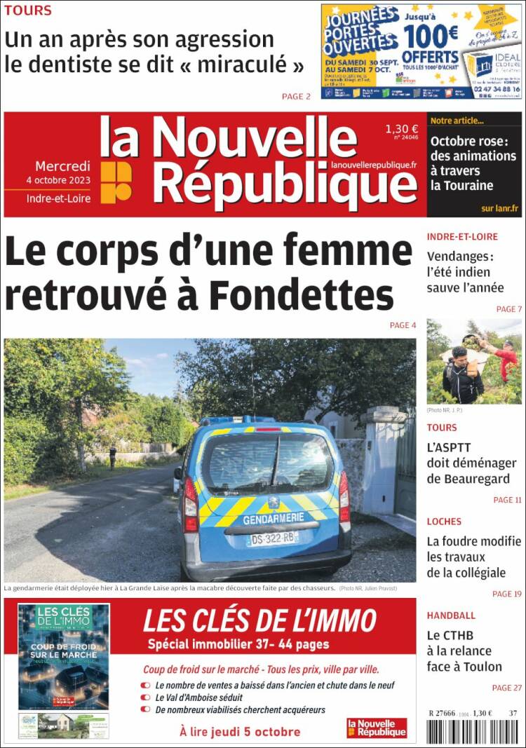 Portada de La Nouvelle Republique (Francia)