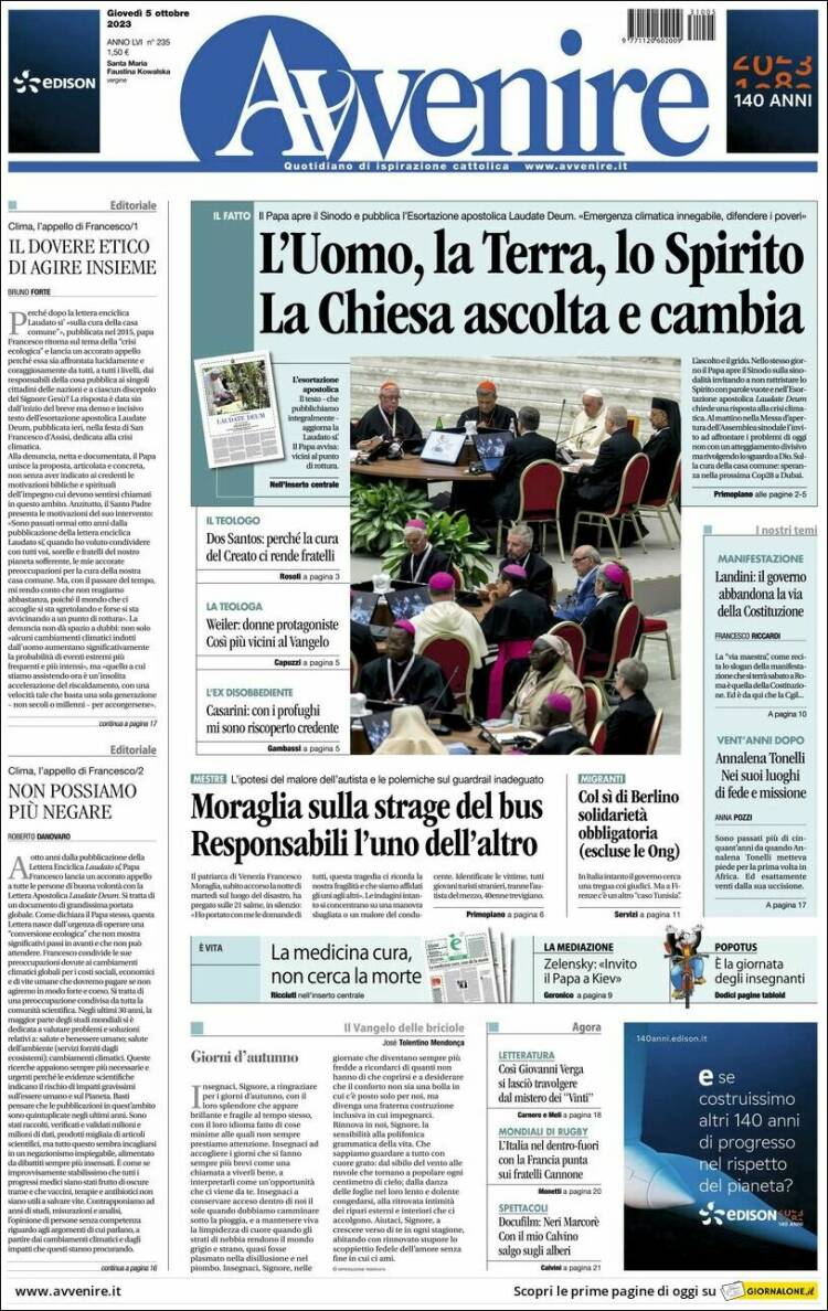 Portada de Avvenire (Italia)