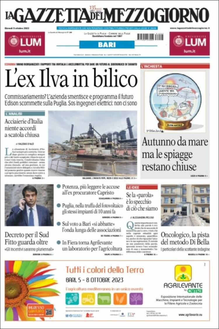 Portada de La Gazzetta del Mezzogiorno (Italia)
