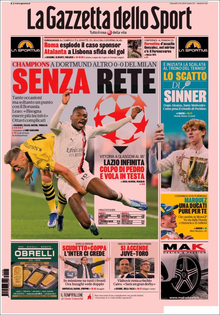 Portada de La Gazzetta dello Sport (Italia)