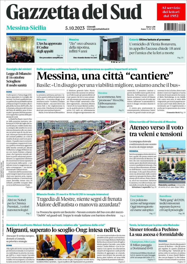 Portada de Gazzetta del Sud (Italia)