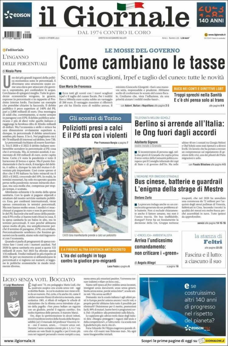 Portada de il Giornale (Italia)