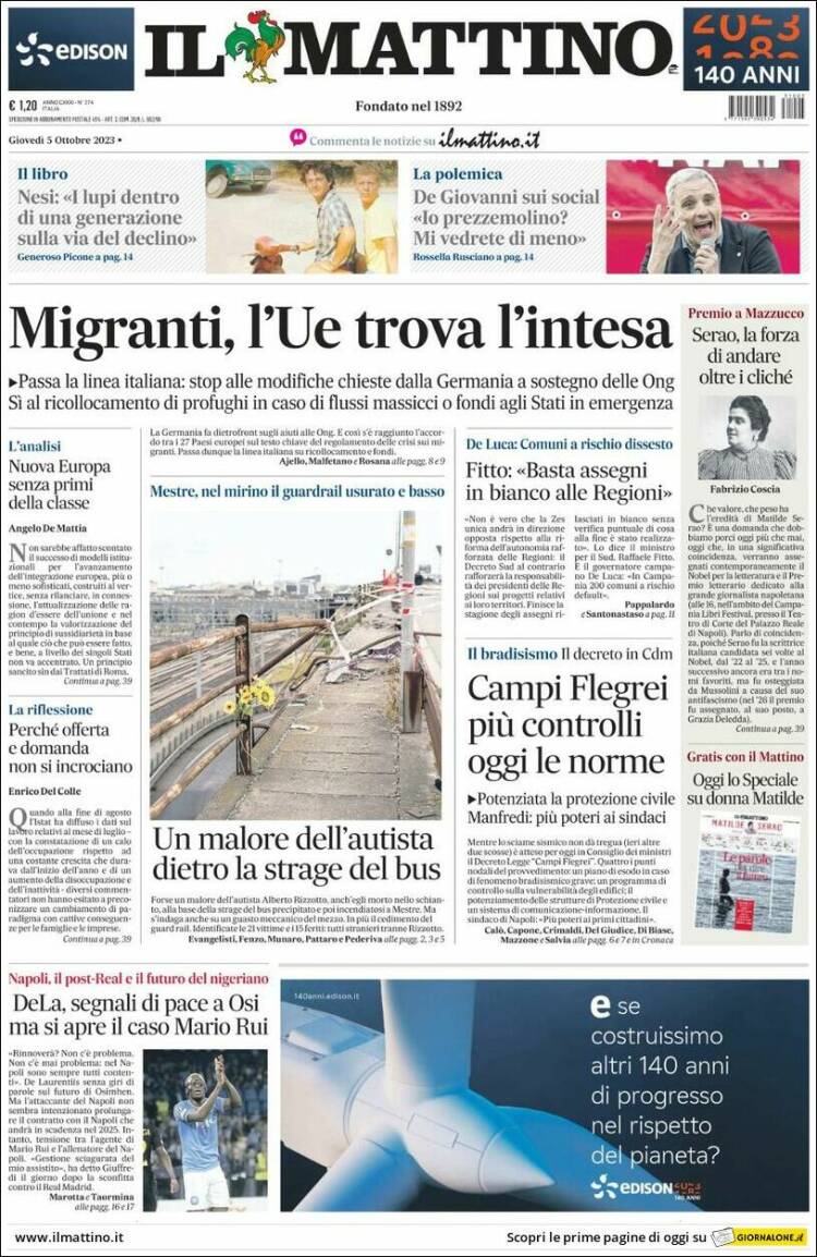 Portada de Il Mattino (Italia)