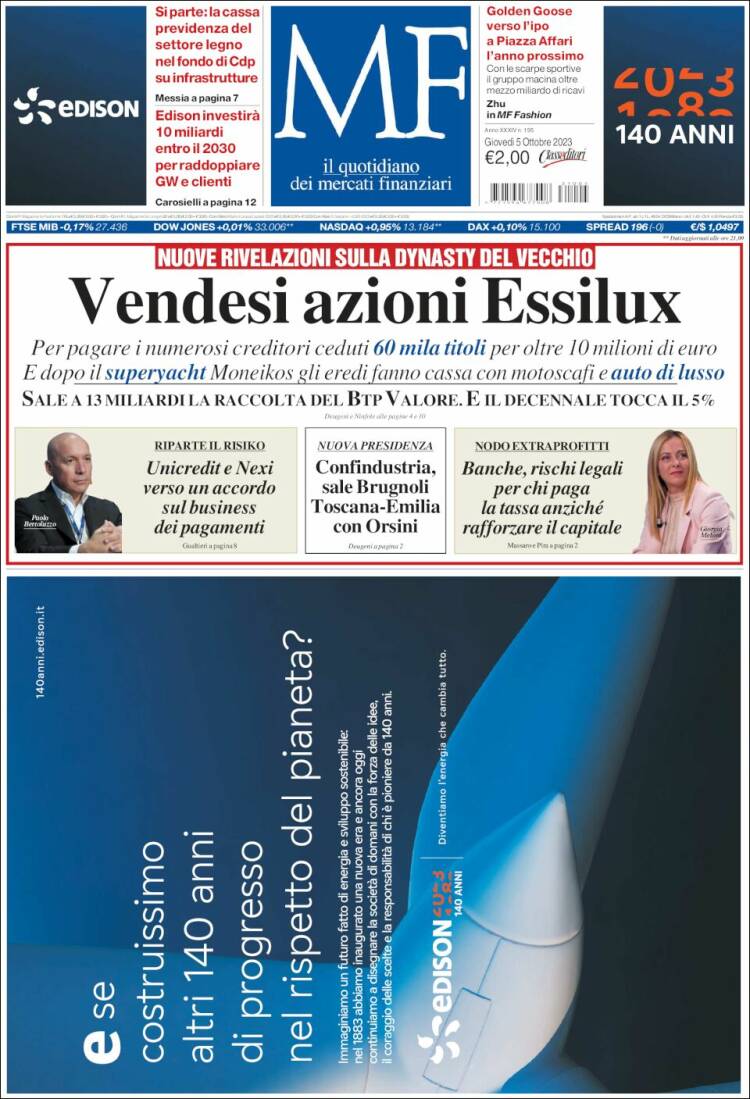 Portada de Milano Finanza (Italia)