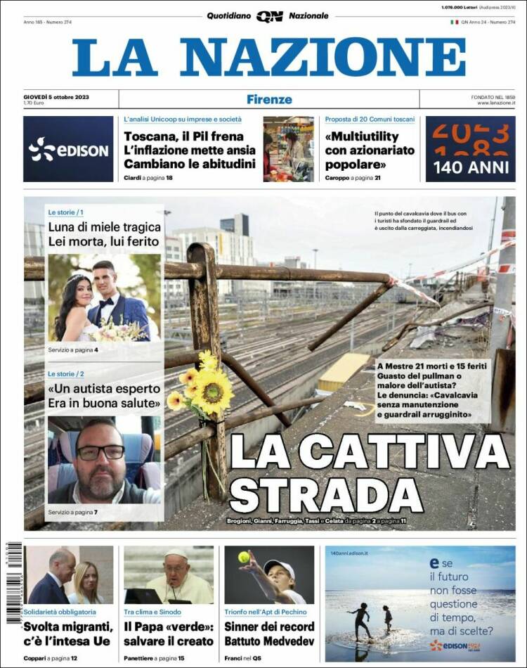 Portada de La Nazione (Italia)