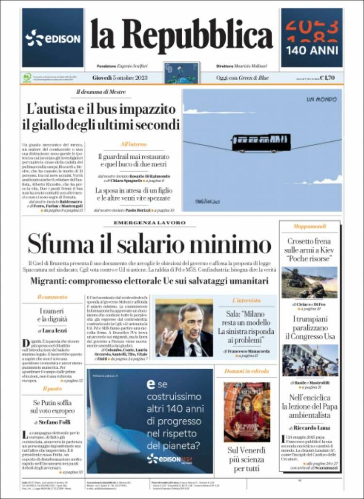Portada de La Repubblica (Italia)