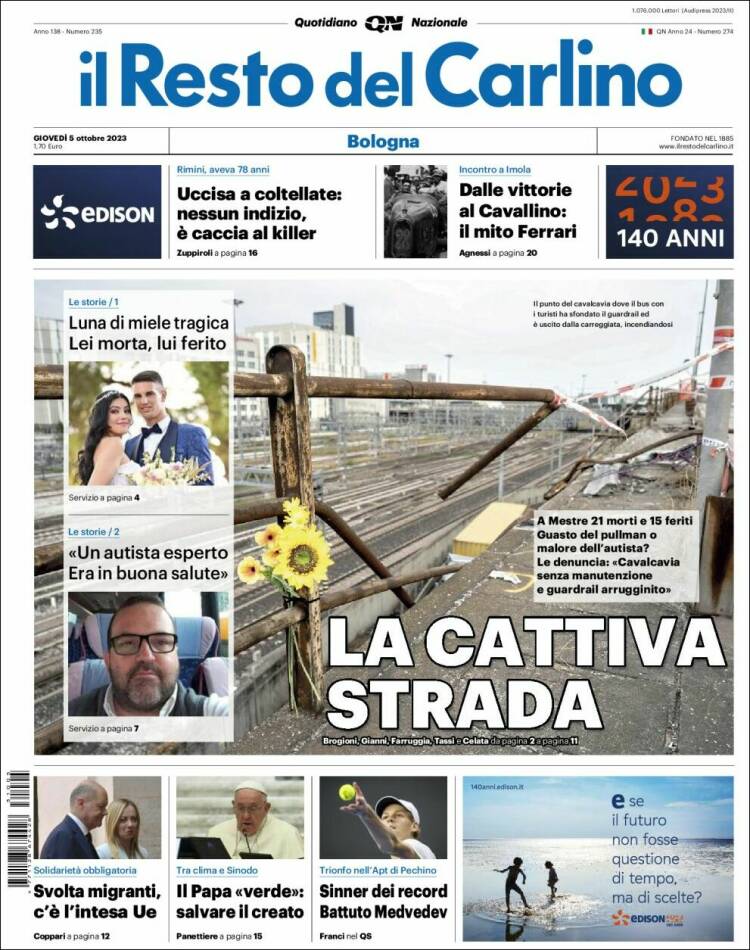 Portada de Il Resto del Carlino (Italia)