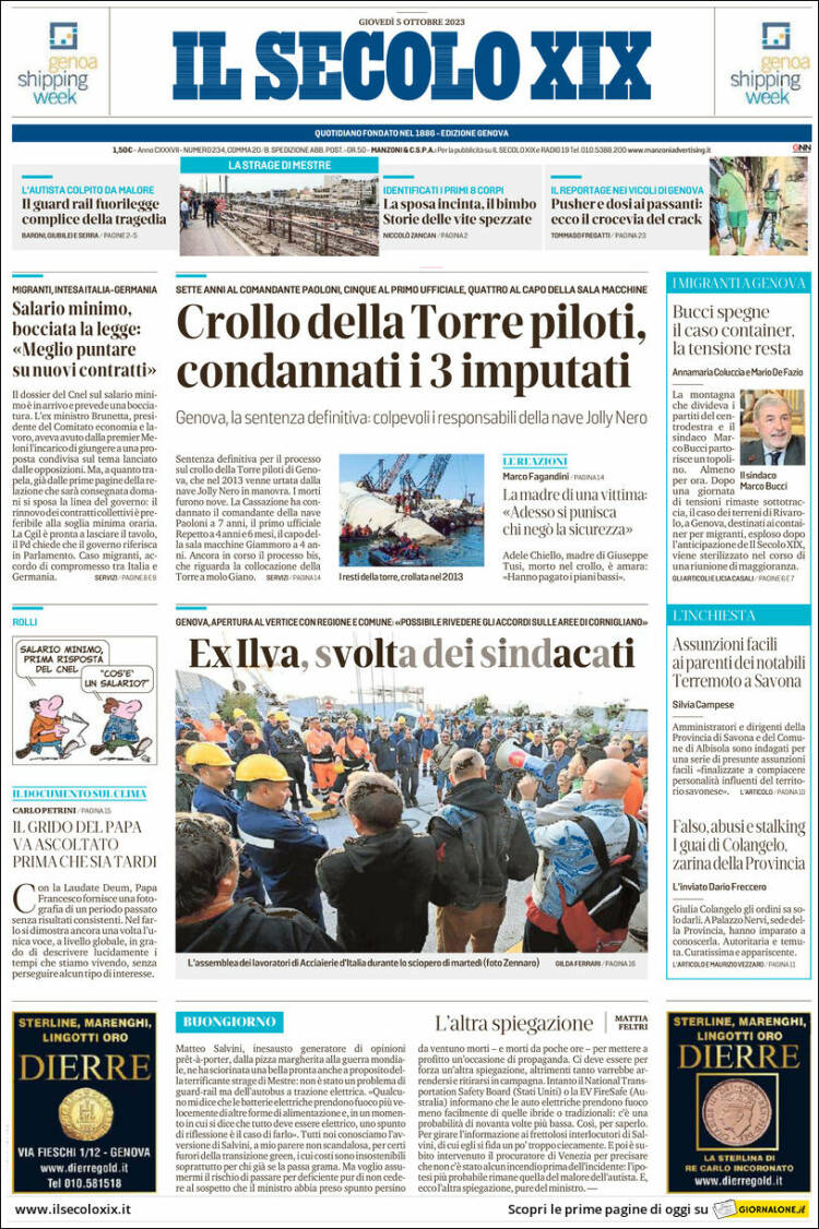 Portada de Il Secolo XIX (Italia)