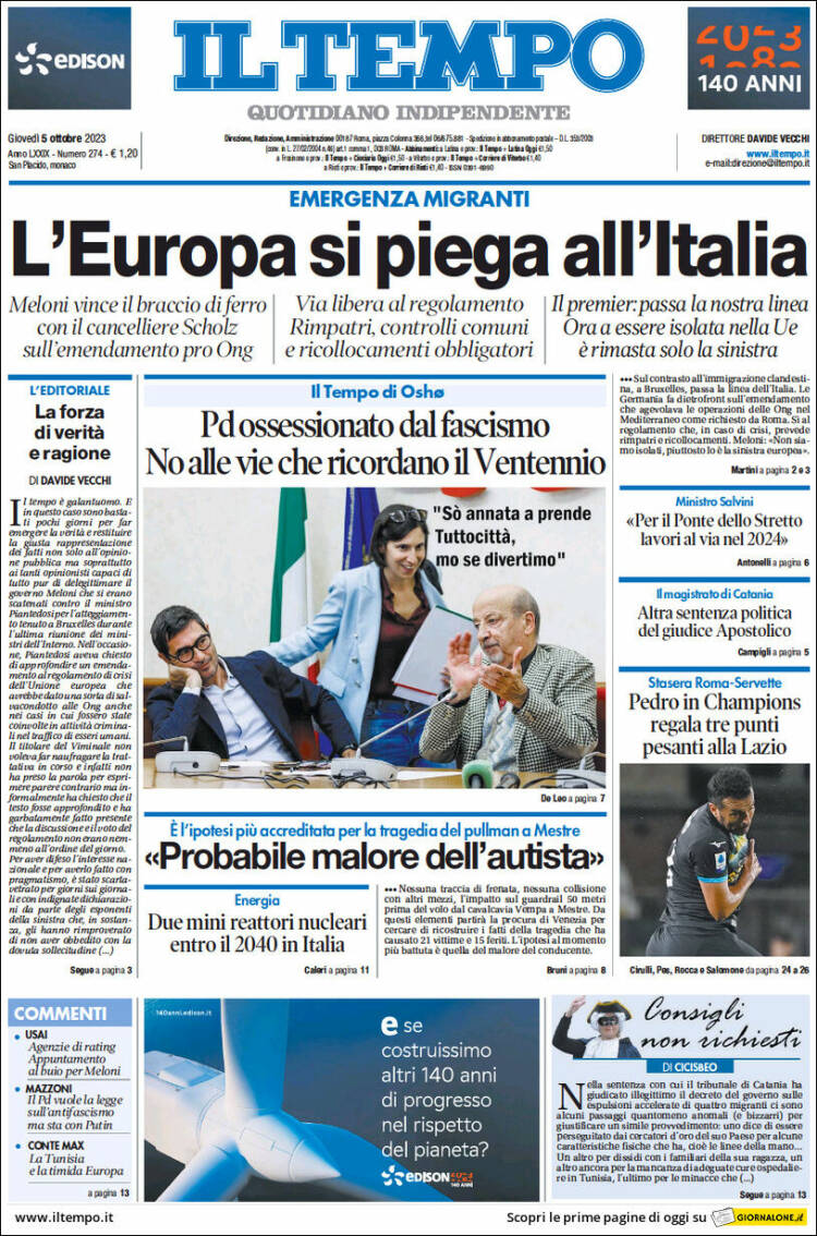 Portada de Il Tempo (Italia)