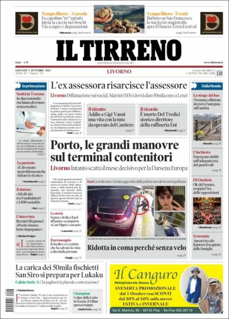 Portada de Il Tirreno (Italia)