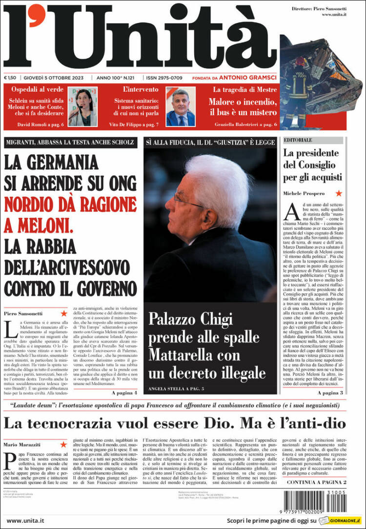Portada de l'Unità (Italia)