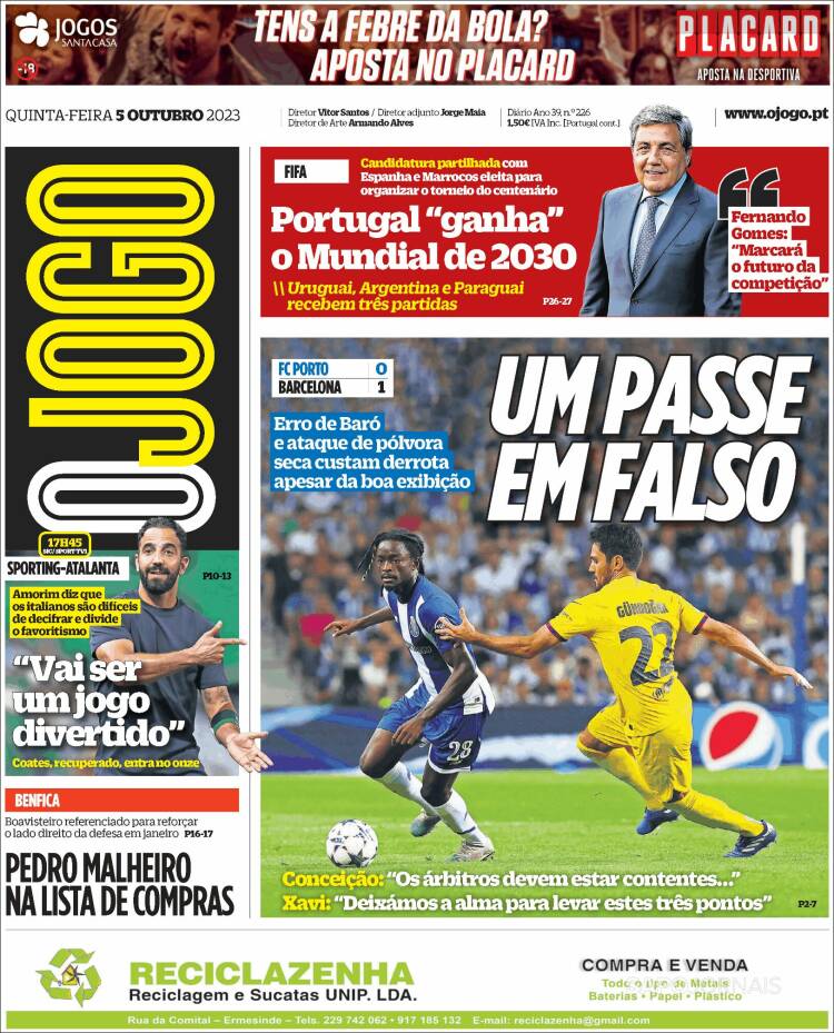 Portada de O Jogo (Portugal)