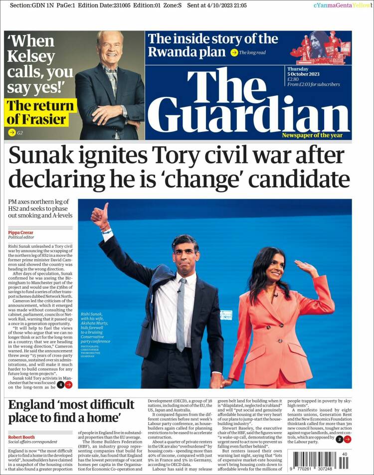 Portada de The Guardian (Reino Unido)