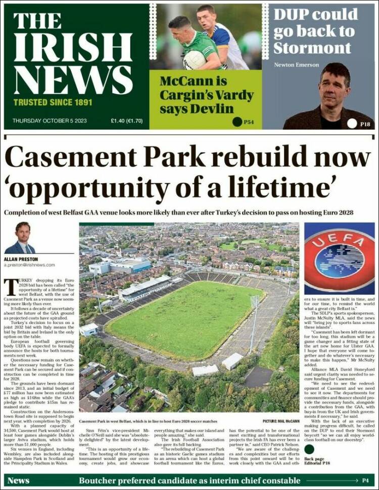 Portada de Irish News (Reino Unido)