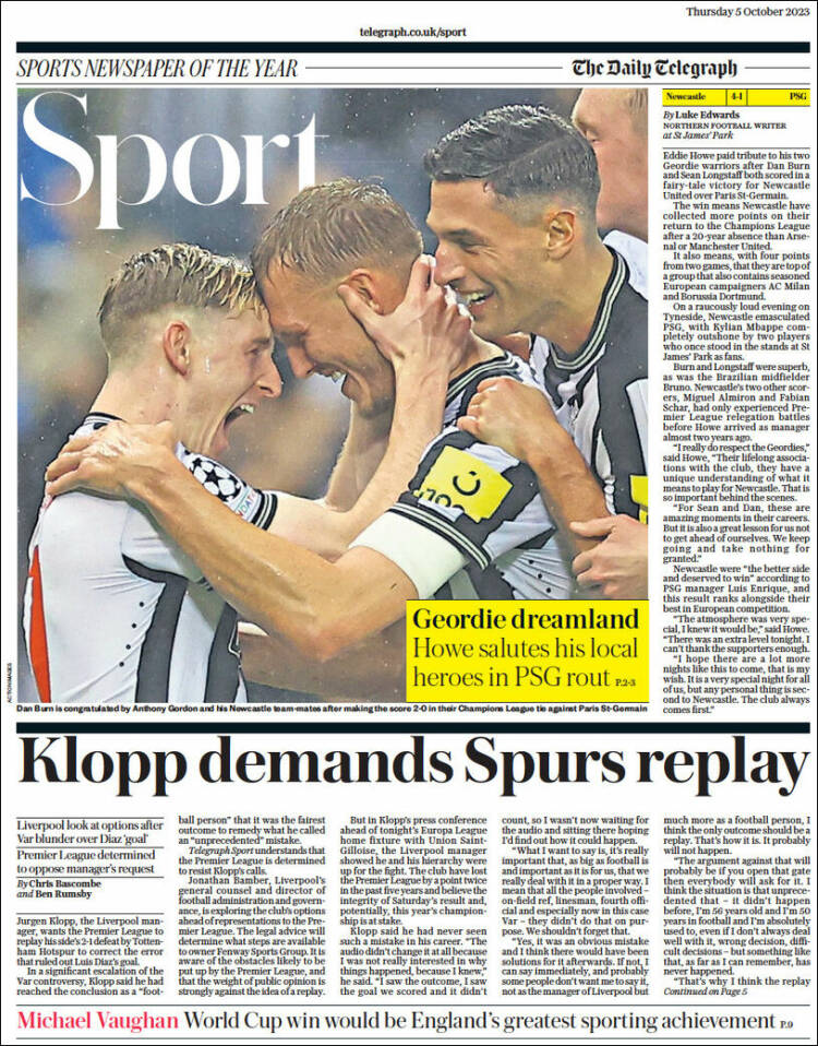 Portada de Telegraph Sport (Reino Unido)