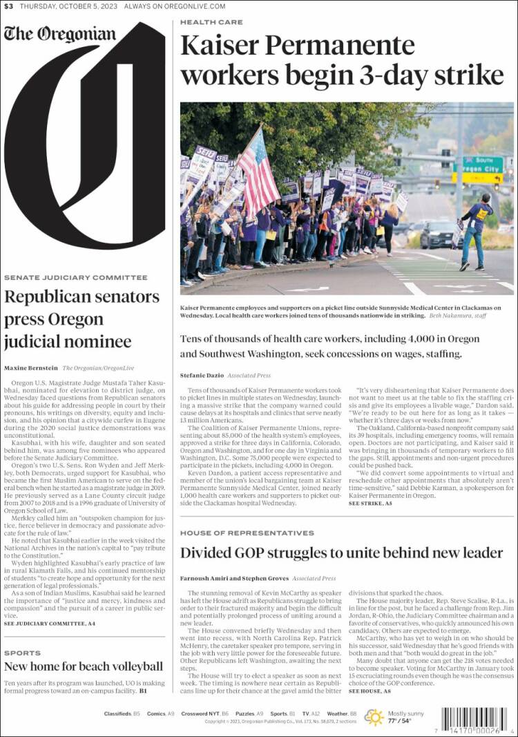 Portada de The Oregonian (USA)