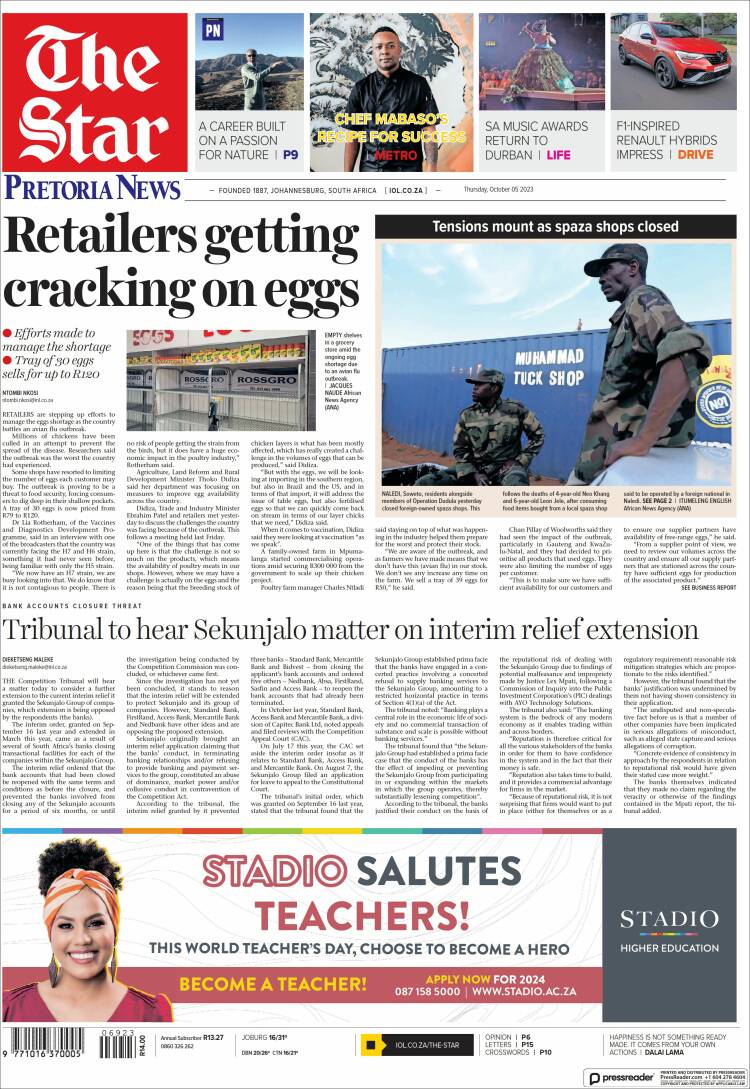 Portada de The Star (Sud&aacute;frica)