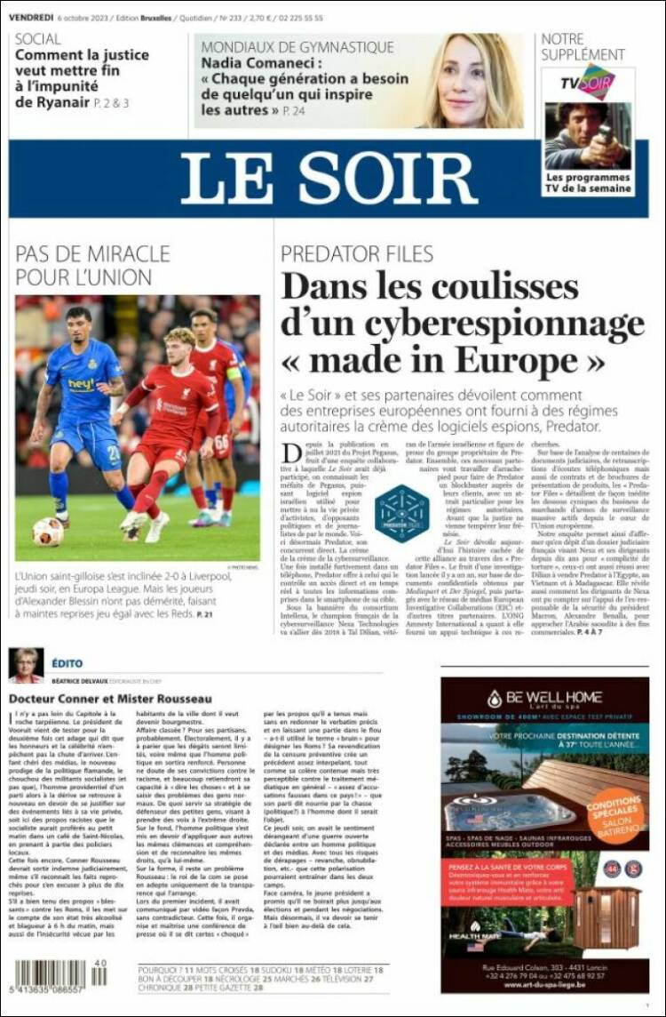 Portada de Le Soir (Bélgica)