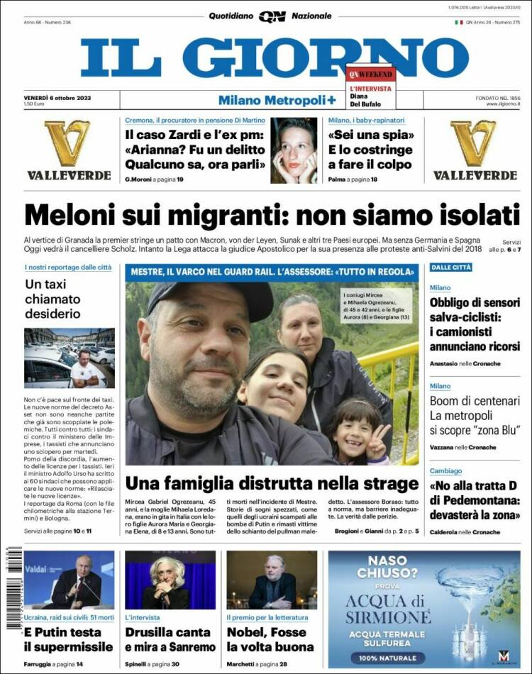 Portada de Il Giorno (Italia)