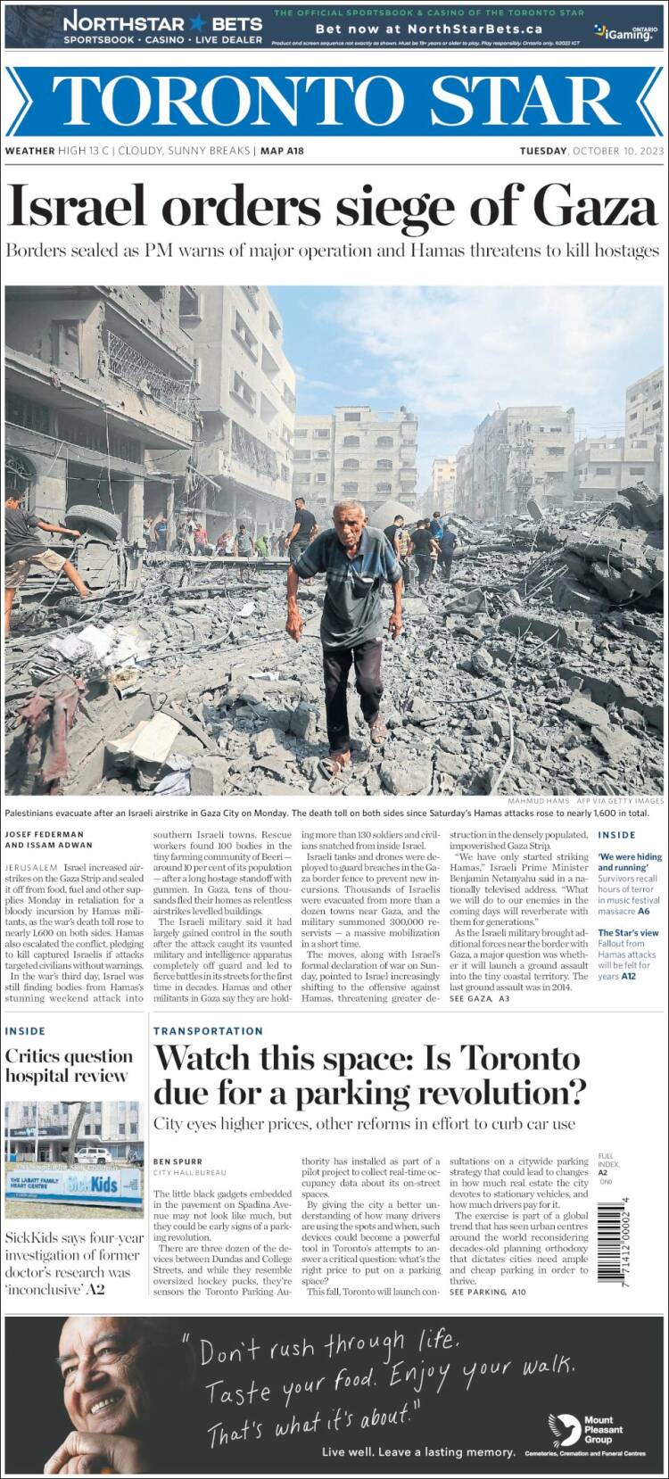 Portada de The Toronto Star (Canadá)