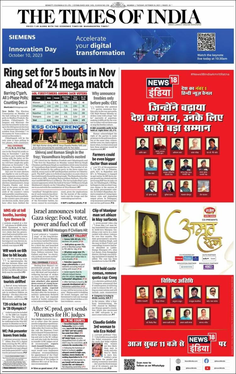 Portada de The Times of India (India)
