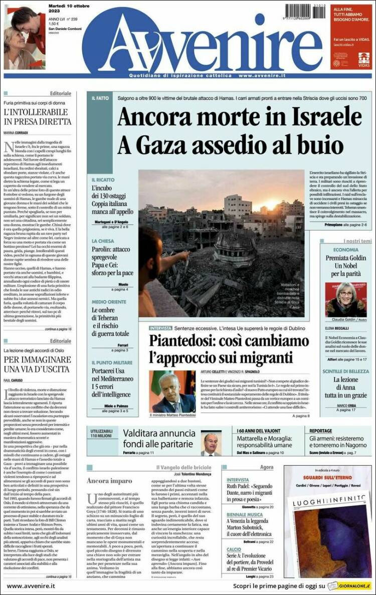 Portada de Avvenire (Italia)