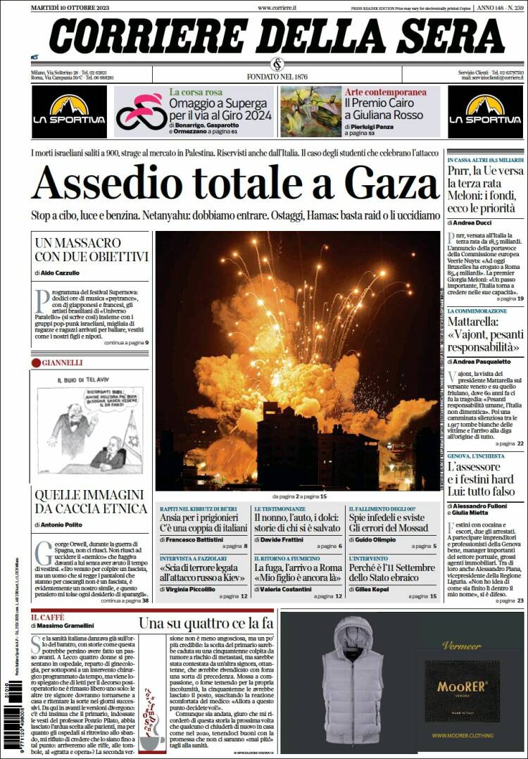 Portada de Corriere della Sera (Italia)