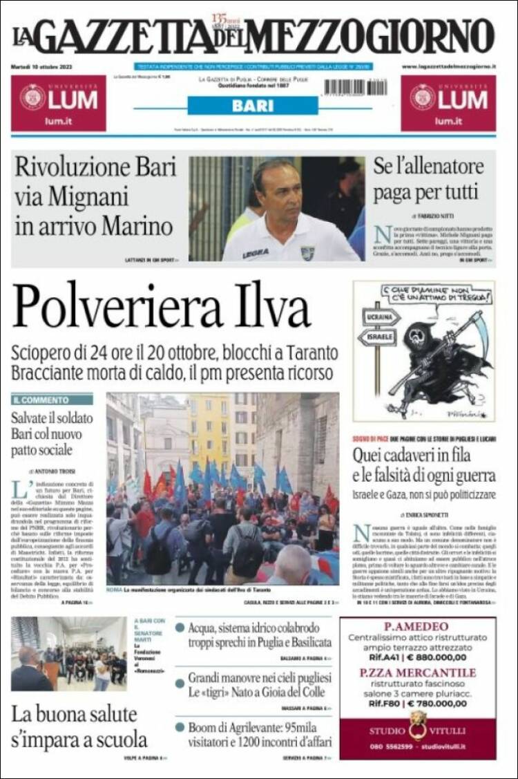 Portada de La Gazzetta del Mezzogiorno (Italia)