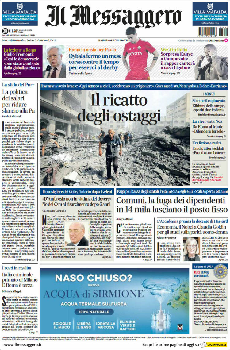 Portada de Il Messaggero (Italia)