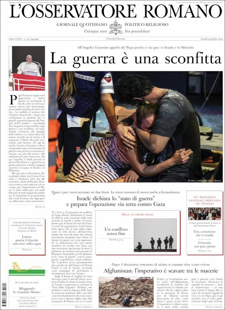 Portada de L'Osservatore Romano (Italia)