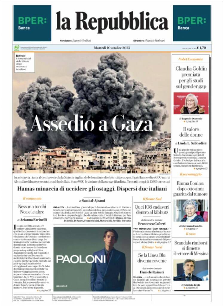 Portada de La Repubblica (Italia)