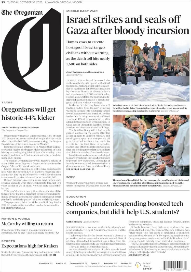Portada de The Oregonian (USA)