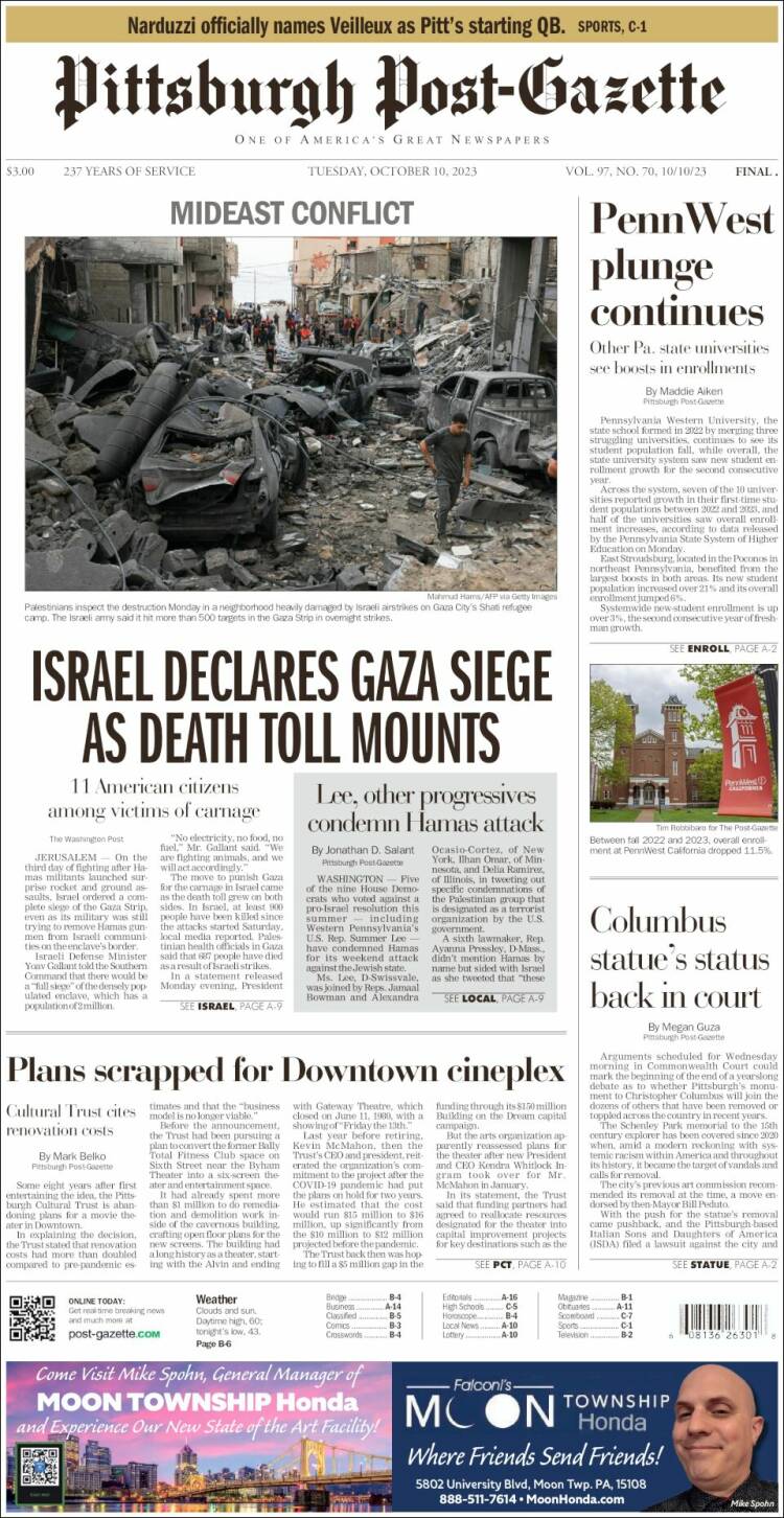 Portada de Pittsburgh Post-Gazette (USA)