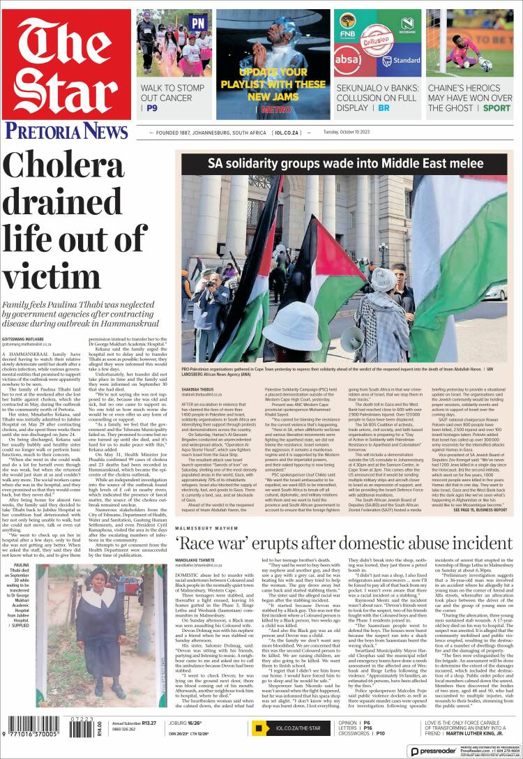 Portada de The Star (Sud&aacute;frica)