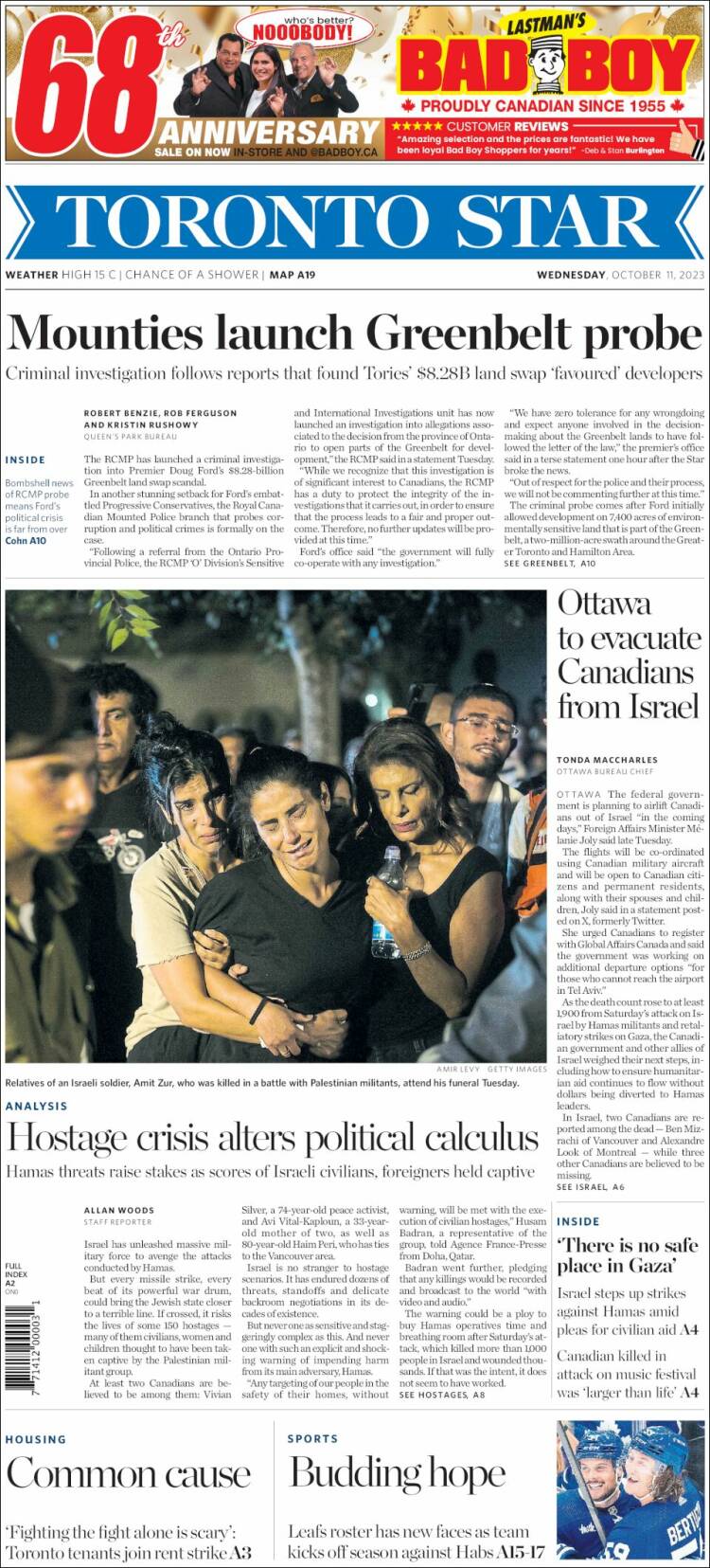 Portada de The Toronto Star (Canadá)