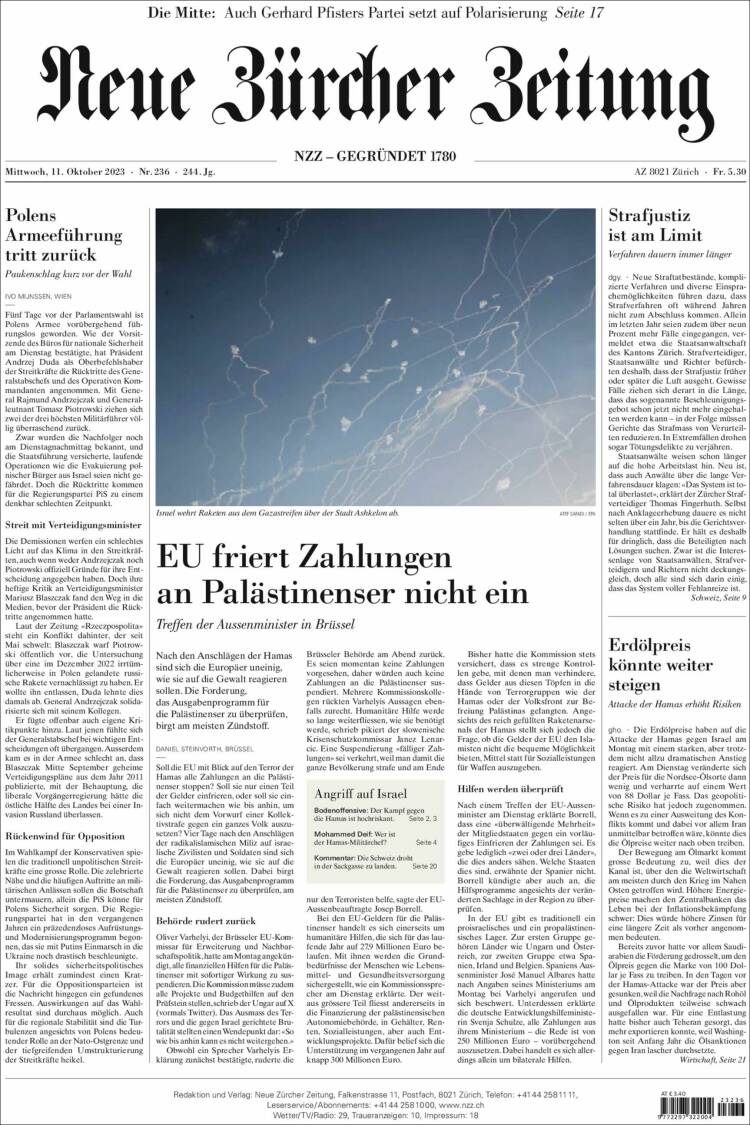 Portada de Neue Zürcher Zeitung (Suiza)
