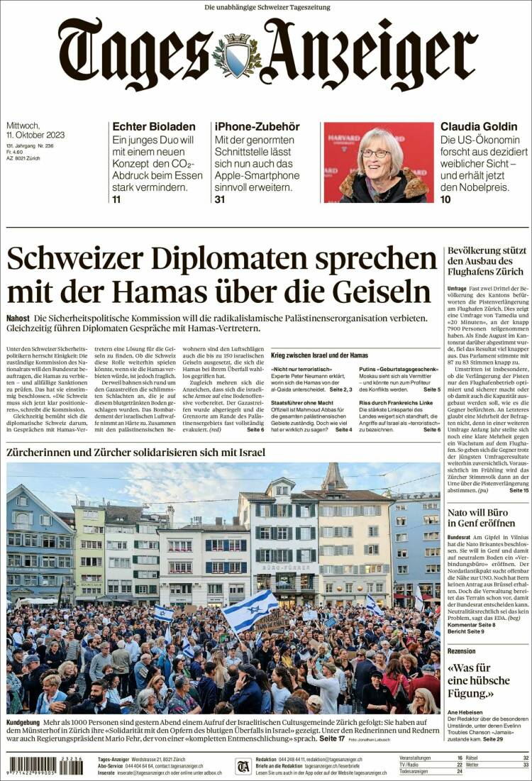 Portada de Tages-Anzeiger (Suiza)