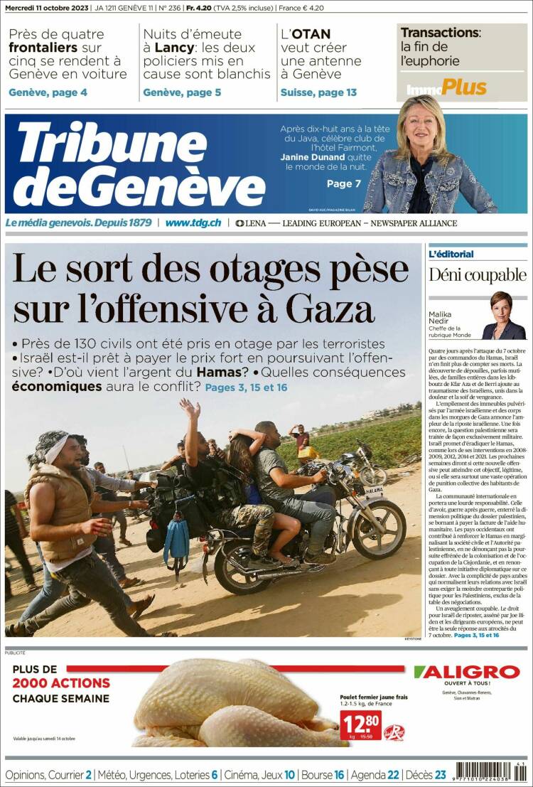 Portada de La Tribune de Genève (Suiza)