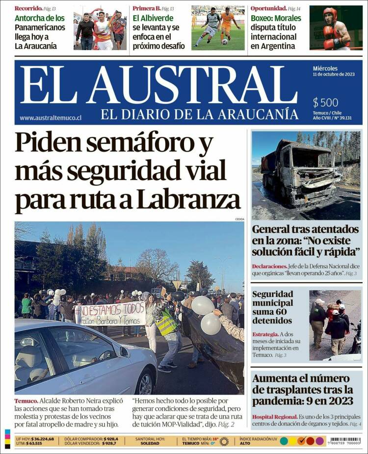 Portada de El Austral de Temuco (Chile)