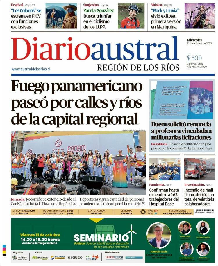 Portada de El Diario Austral de Valdivia (Chile)