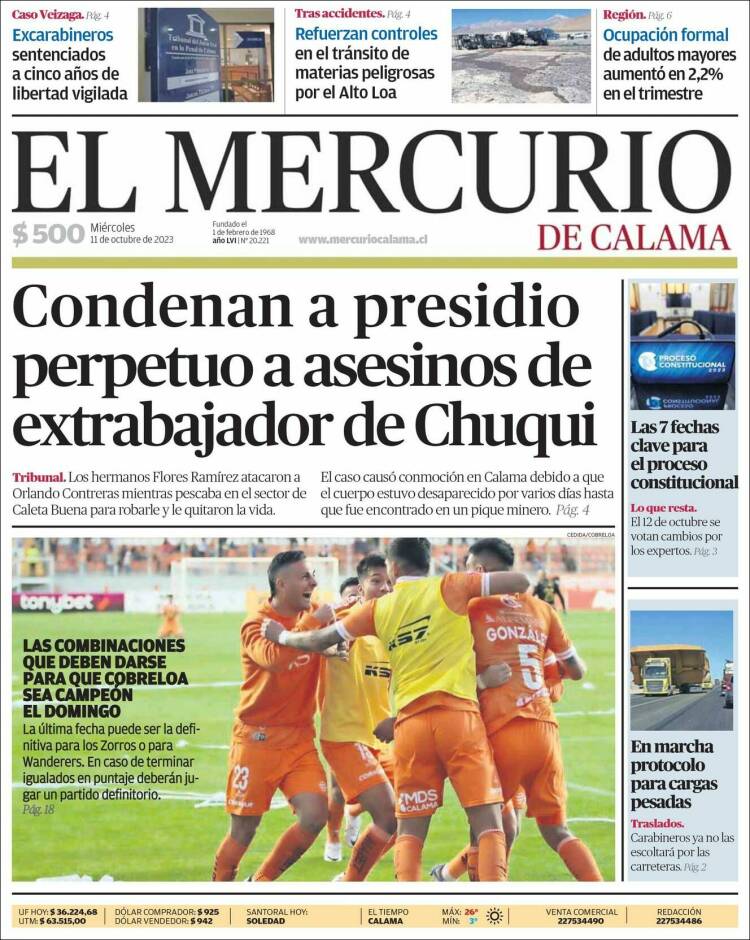 Portada de El Mercurio - Calama (Chile)