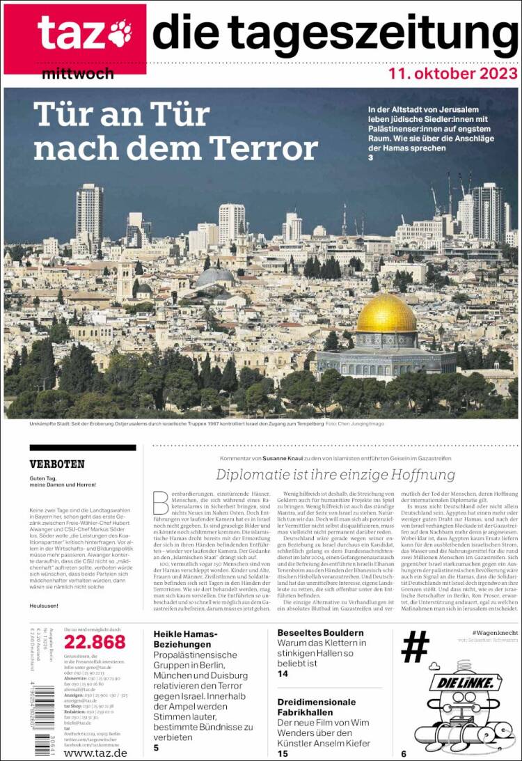 Portada de Die Tageszeitung (Alemania)