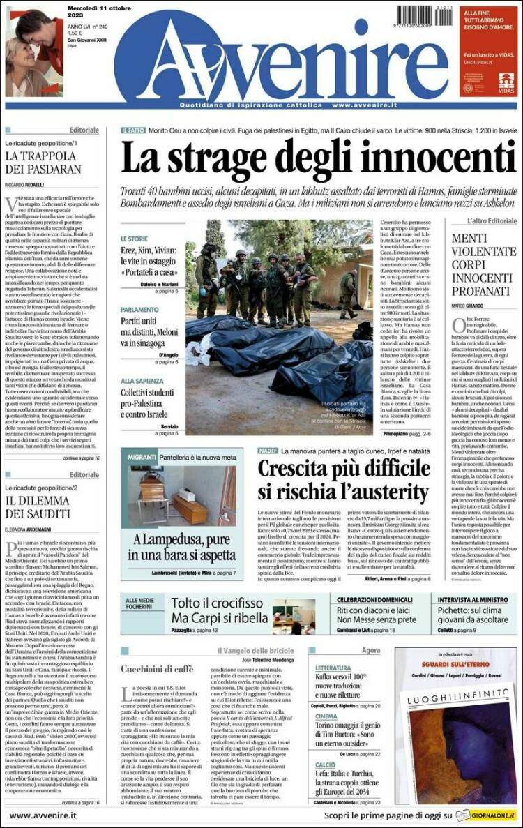 Portada de Avvenire (Italia)