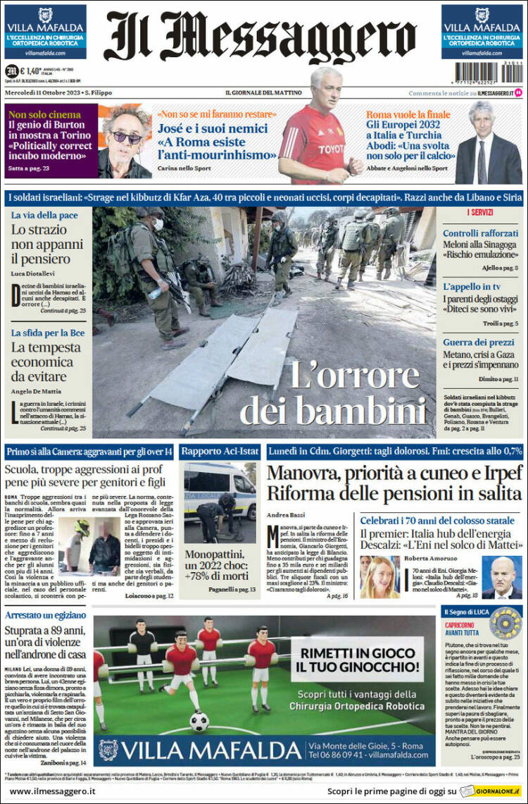 Portada de Il Messaggero (Italia)