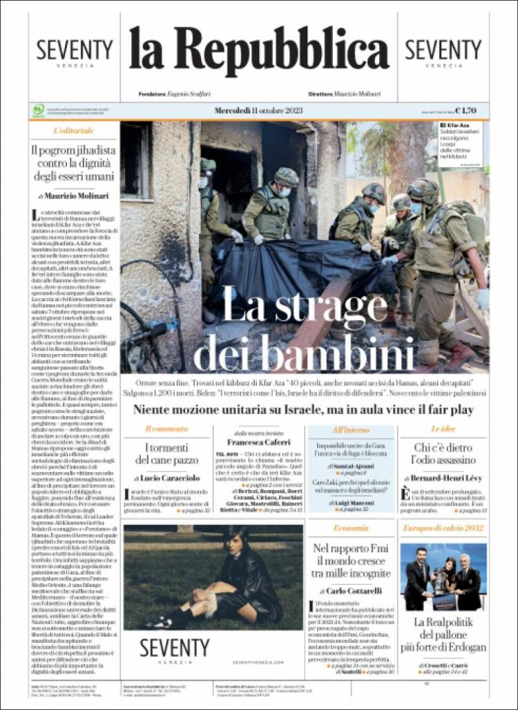 Portada de La Repubblica (Italia)