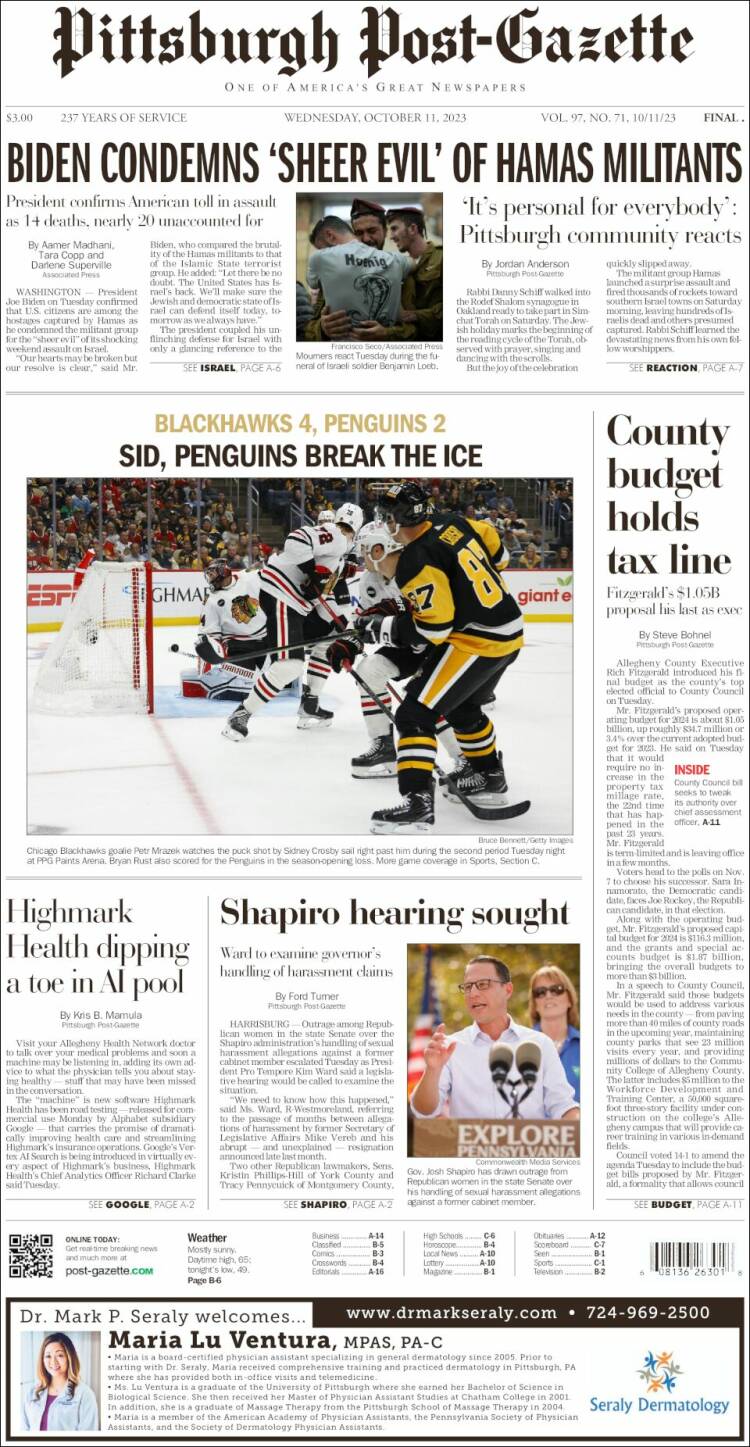 Portada de Pittsburgh Post-Gazette (USA)