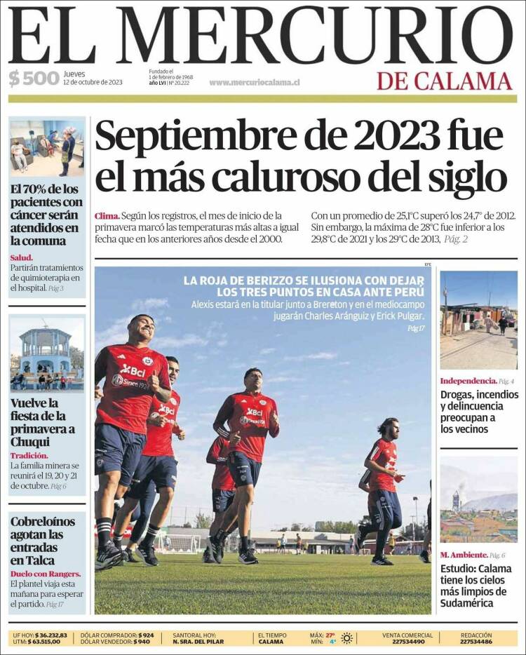 Portada de El Mercurio - Calama (Chile)