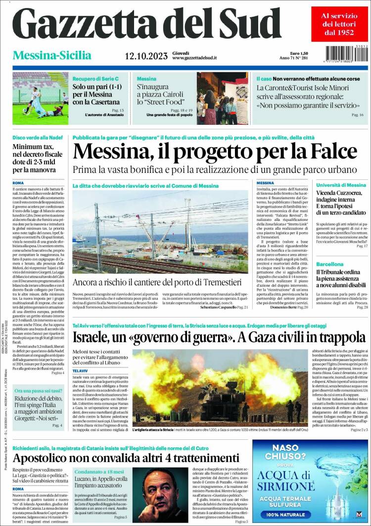 Portada de Gazzetta del Sud (Italia)