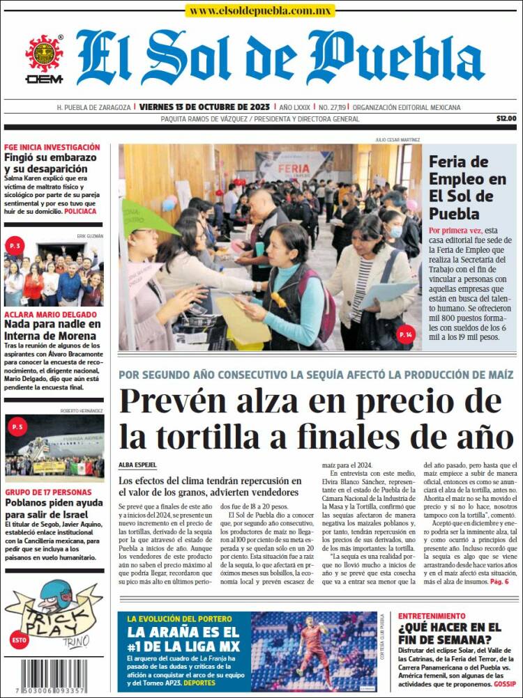 Portada de El Sol de Puebla (M&eacute;xico)