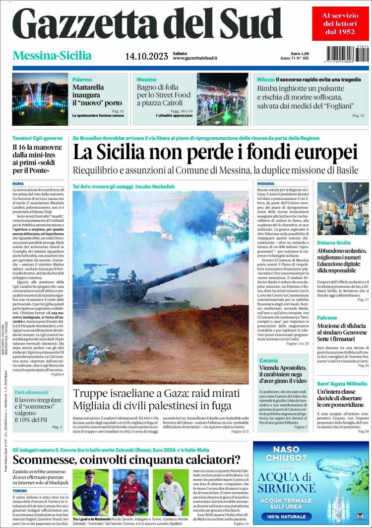 Portada de Gazzetta del Sud (Italia)